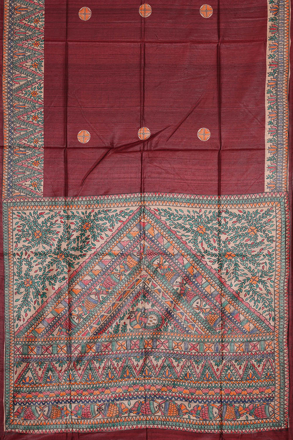 Image of Printed Tussar Silk Maroon Saree